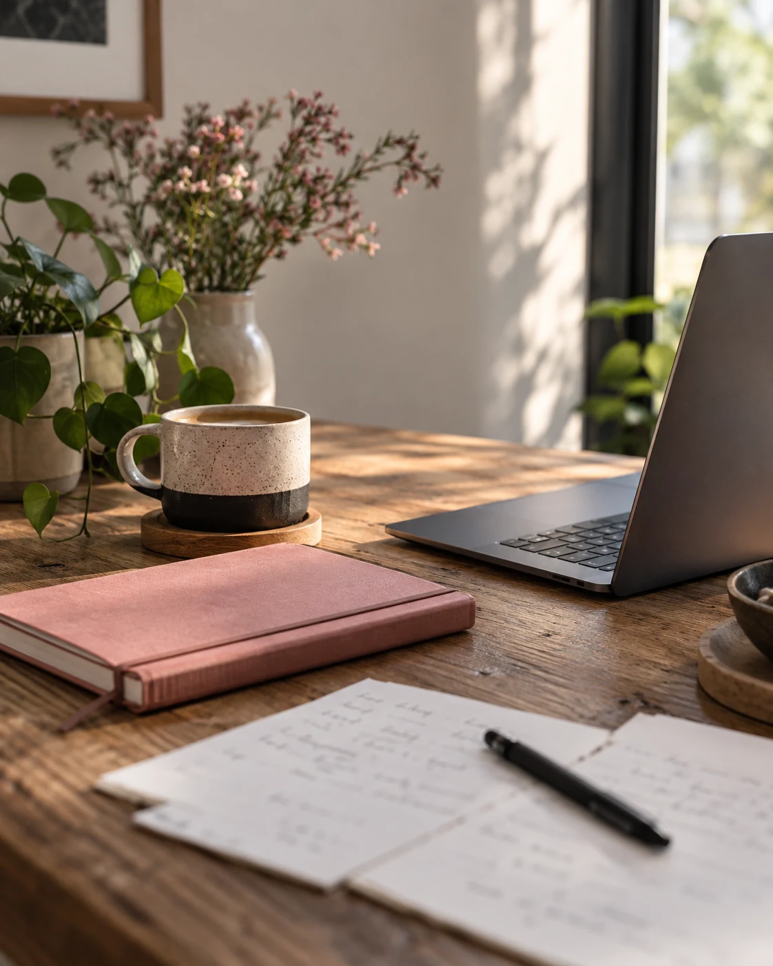 A relaxed desk with a laptop, pink notebook and coffee in natural daylight